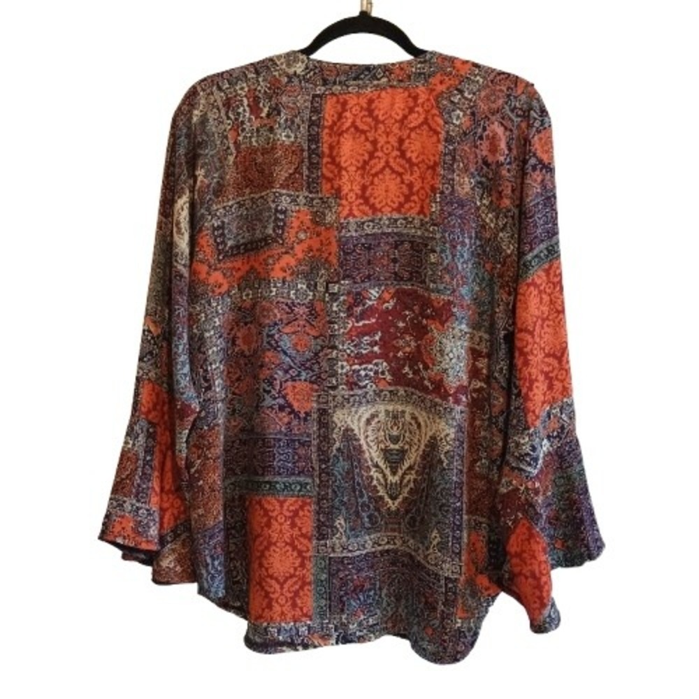 New Directions L Orange Print‎ Blouse Ruffle Neck Bell Sleeve Boho Bohemian Top - Picture 2 of 9